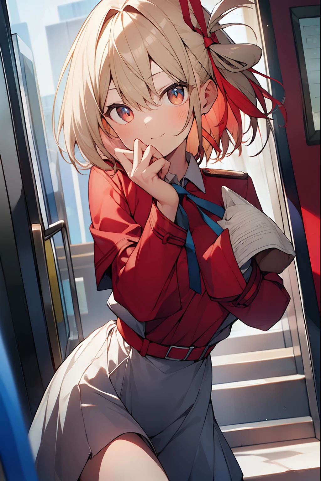 chisatonishikigi, nishikigi chisato, short hair, bangs, blonde hair, (red eyes:1.5), hair ribbon, one side up, bob cut,
BREAK shirt, long sleeves, dress, ribbon, white shirt, collared shirt, belt, neck ribbon, red dress, blue ribbon, pleated dress, grey dress, two-tone dress, red belt, lycoris uniform,,
BREAK outdoors, city,
BREAK looking at viewer, BREAK (masterpiece:1.2), best quality, high resolution, unity 8k wallpaper, (illustration:0.8), (beautiful detailed eyes:1.6), extremely detailed face, perfect lighting, extremely detailed CG, (perfect hands, perfect anatomy),