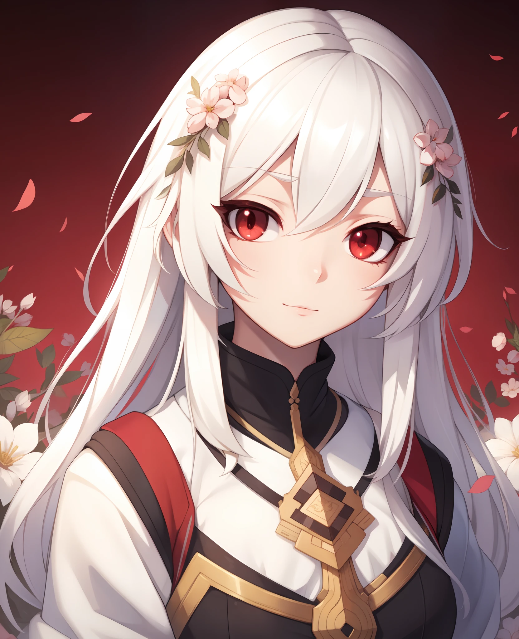 Anime - a painting in the style of a woman with white hair and flowers, Guviz, Guweiz in Pixiv ArtStation, Guviz-style artwork, guweiz masterpiece, Guweiz on ArtStation Pixiv, Detailed digital anime art, Digital art on Pixiv, trending on artstation pixiv, White-haired god，with short white hair，red color eyes
