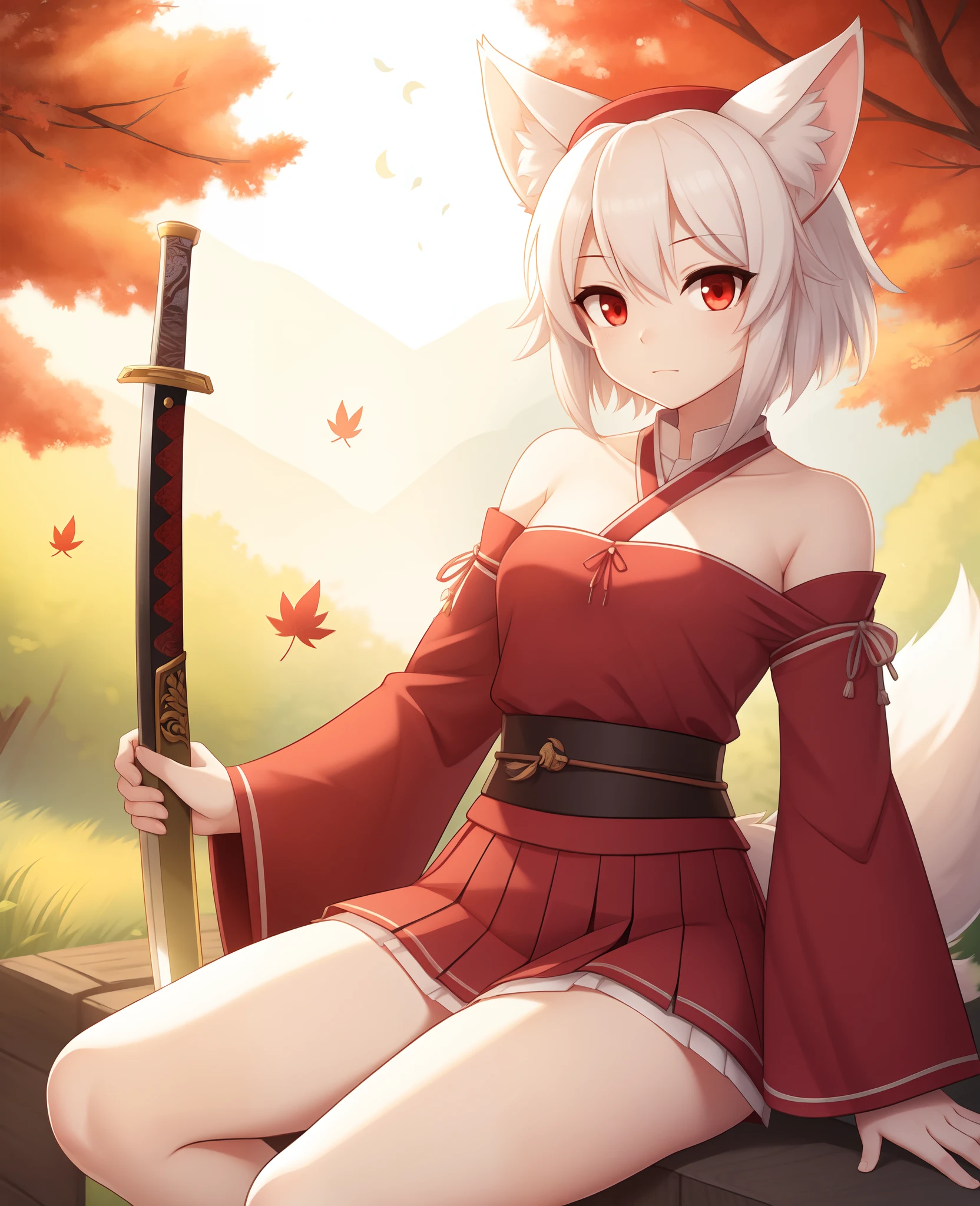 masterpiece, best quality, 1girl, solo, tokin hat, inubashiri momiji, hat, animal ears, sword, weapon, red eyes, wolf ears, detached sleeves, white hair, tail, short hair, wolf tail, skirt, letterboxed, bare shoulders, looking at viewer, katana, wide sleeves, leaf, pom pom (clothes), bridal gauntlets, shirt