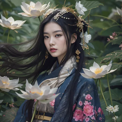 Gold backstop 32K（tmasterpiece，k hd，hyper HD，32K）Long flowing black hair，ponds，zydink， a color， Aozhou people （Concubine girl）， ...