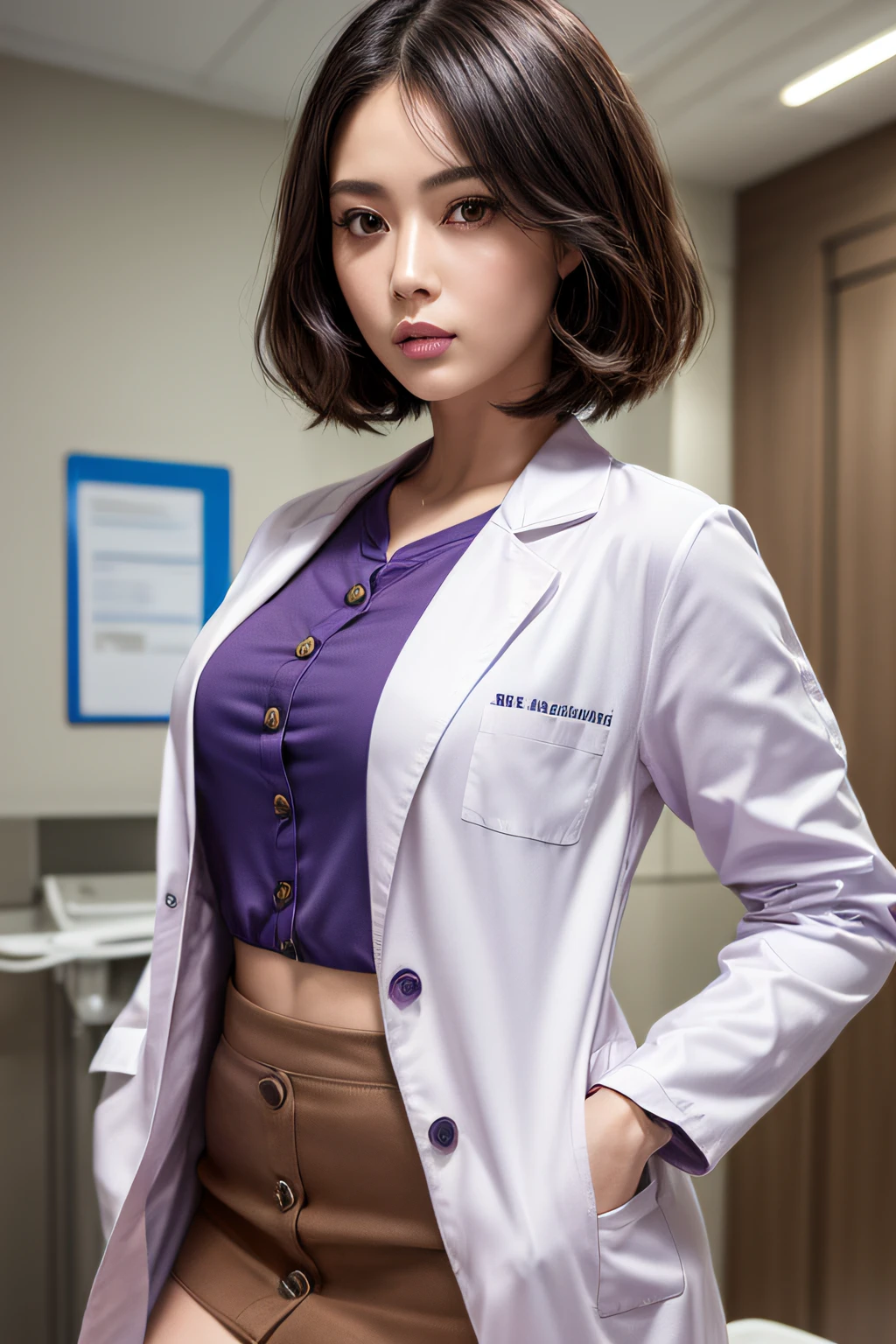 physician, 50 years old, hyperdetailed face, Detailed lips, Detailed eyes, double eyelid, Black bob-shaped hair,  (((Light purple shirts that button up to conceal the chest, doctors white coat, Brown tight mini skirt))), (Examining a patient in a hospital examination room), ((Glamorous body)), perfect hand, Perfect fingers, perfect chest, Perfect fit, perfect bodies, face perfect, Perfect image realism, Background with:((Hospital examination room)), Meticulous background with, detailed costume, Perfect litthing, Hyper-Realism, photoRealistic, 8K maximum resolution, (​masterpiece), Highly detailed, Professional