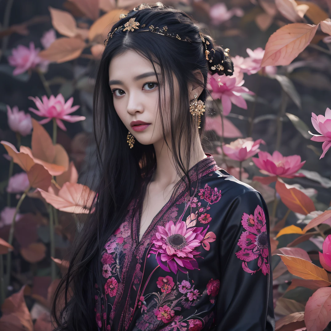 Gold backstop 32K（tmasterpiece，k hd，hyper HD，32K）Long flowing black hair，ponds，zydink， a color， Aozhou people （Concubine girl）， （Purple silk scarf）， Combat posture， looking at the ground， long whitr hair， Floating hair， Carp pattern headdress， Chinese long-sleeved clothing， （Abstract gouache splash：1.2）， Pink petal background，Pink and white lotus flowers fly（realisticlying：1.4），Black color hair，Fallen leaves flutter，The background is pure， A high resolution， the detail， RAW photogr， Sharp Re， Nikon D850 Film Stock Photo by Jefferies Lee 4 Kodak Portra 400 Camera F1.6 shots, Rich colors, ultra-realistic vivid textures, Dramatic lighting, Unreal Engine Art Station Trend, cinestir 800，Long flowing black hair，Denim skirt