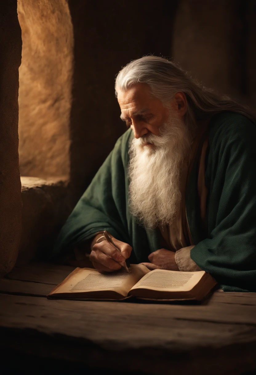 A close up of a man with a long white beard sitting at a table writing ...