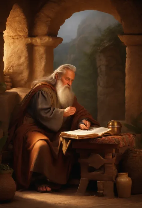 an old man full of faith writing on parchment - SeaArt AI