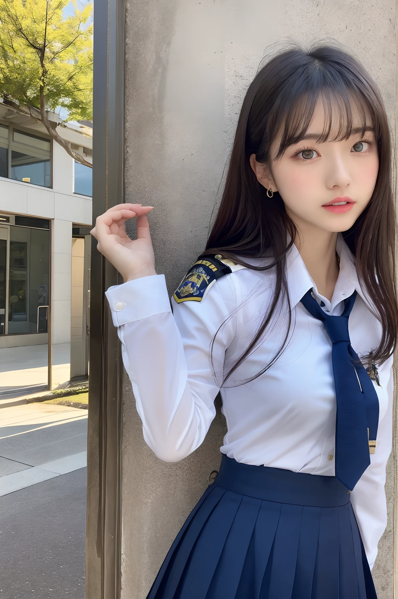 japanaese girl、Police Girl、perfect body type、Transparency、Transcendent Big、School Uniforms、Navy blue tie、Navy blue skirt、Light blue shirt、hposing Gravure Idol、waterside、Fancy makeup