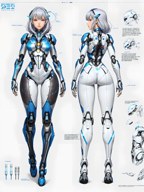 Close-up of a man wearing a blue and white design tights, gynoid cyborg body, female mecha, perfect anime cyborg woman, Biomechanical OPPAI, cyborg tech on body and legs, girl in mecha cyber armor, mech body, Beautiful white girl cyborg, Mecha suit, Beauti...