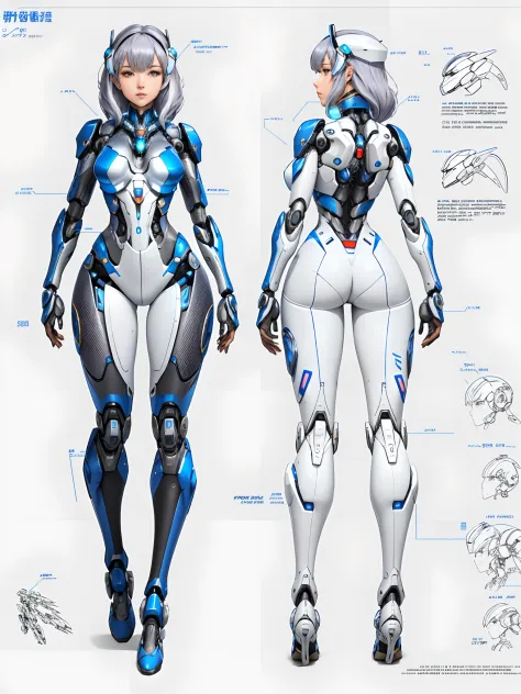 Close-up of a man wearing a blue and white design tights, gynoid cyborg body, female mecha, perfect anime cyborg woman, Biomechanical OPPAI, cyborg tech on body and legs, girl in mecha cyber armor, mech body, Beautiful white girl cyborg, Mecha suit, Beauti...