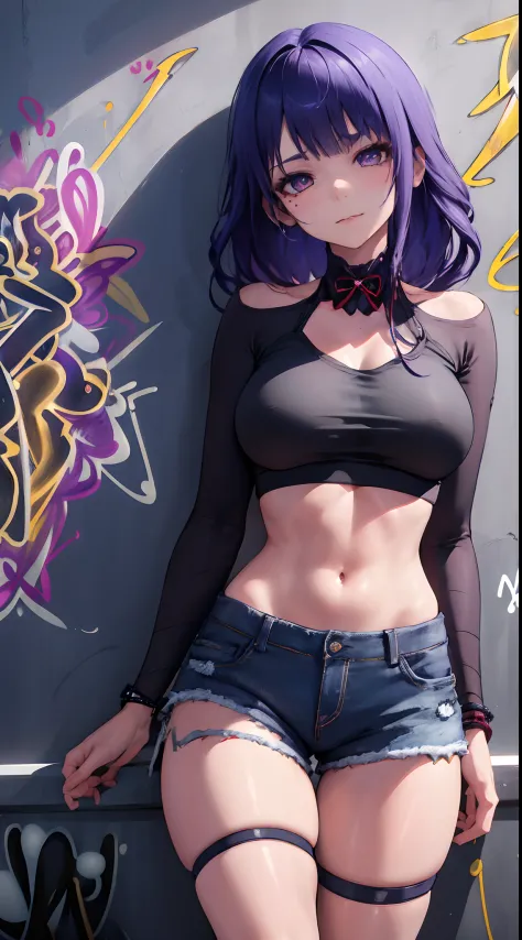 Kujou Sara Genshin Effect, masterpiece, bestquality, 1girls, bara, crop top, shorts jeans, choker, (Graffiti:1.5), color splashes, arm behind back, against wall, looking at the audience, bracelet, Thigh strap, Paint on the body................, Head tilt, ...