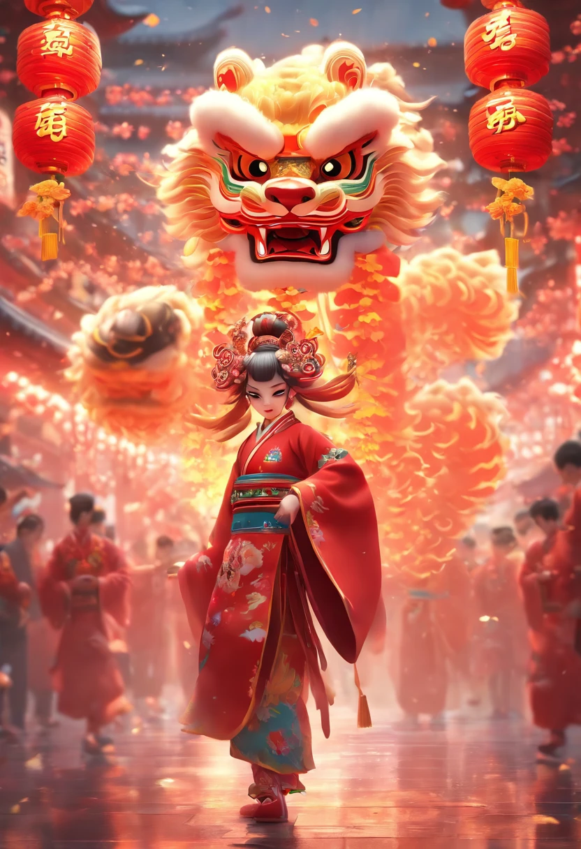 China-style，Guangzhou lion dance girl，highly detailed surreal vfx，Smudge，Faraway view，super-fine，ultra - detailed，high qulity，8K ，oc rendered，full body pov