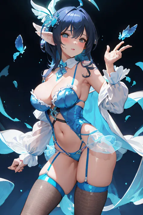 Cute Blue Mage, in sexy lingerie outfit, with magic energy, fishnet legwear, standing