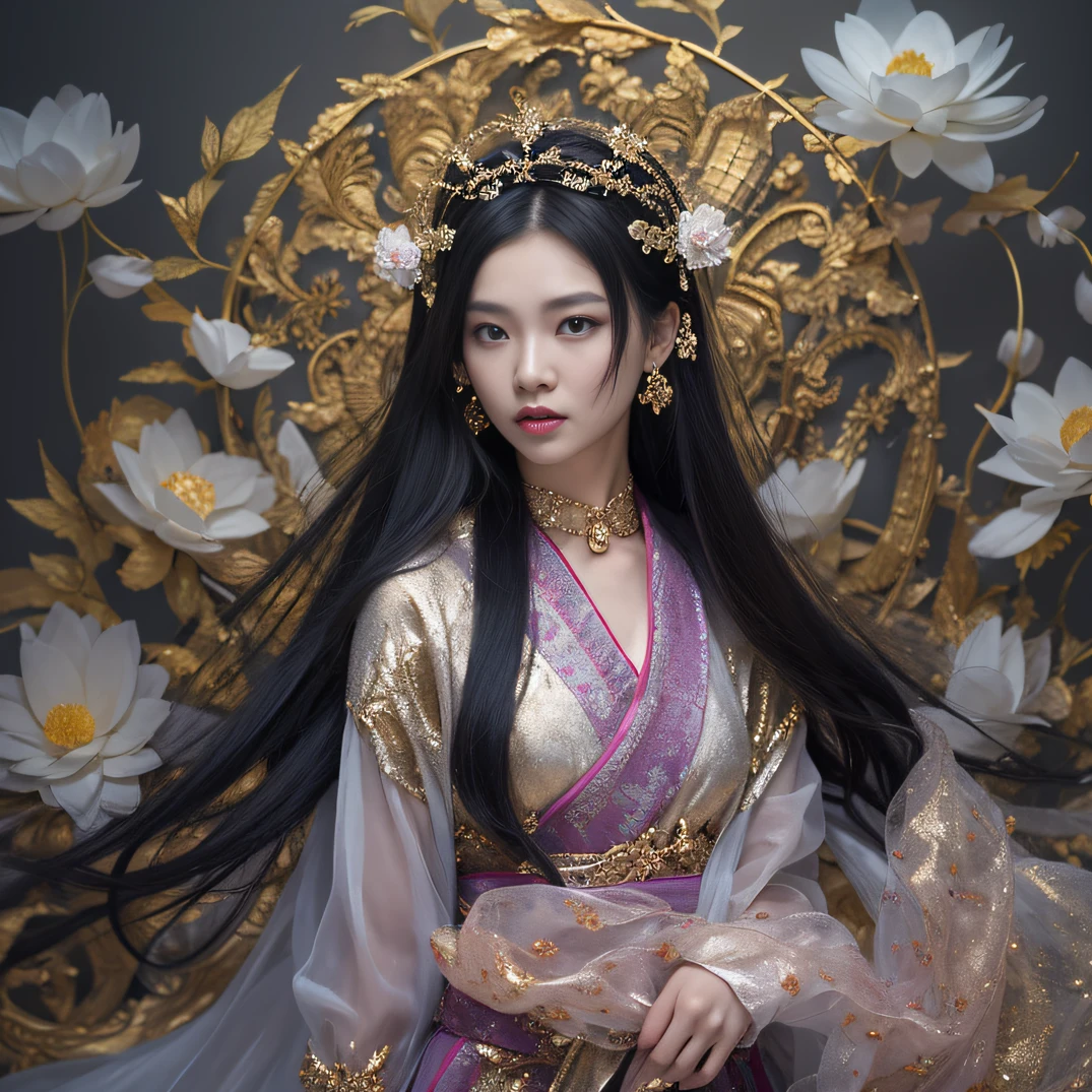 Gold backstop 32K（tmasterpiece，k hd，hyper HD，32K）Long flowing black hair，ponds，zydink， a color， Aozhou people （Concubine girl）， （Purple silk scarf）， Combat posture， looking at the ground， long whitr hair， Floating hair， Carp pattern headdress， Chinese long-sleeved clothing， （Abstract gouache splash：1.2）， Pink petal background，Pink and white lotus flowers fly（realisticlying：1.4），Black color hair，Fallen leaves flutter，The background is pure， A high resolution， the detail， RAW photogr， Sharp Re， Nikon D850 Film Stock Photo by Jefferies Lee 4 Kodak Portra 400 Camera F1.6 shots, Rich colors, ultra-realistic vivid textures, Dramatic lighting, Unreal Engine Art Station Trend, cinestir 800，Long flowing black hair，Denim skirt