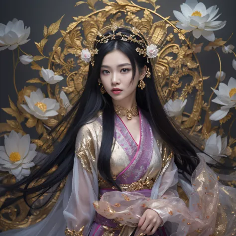 Gold backstop 32K（tmasterpiece，k hd，hyper HD，32K）Long flowing black hair，ponds，zydink， a color， Aozhou people （Concubine girl）， ...