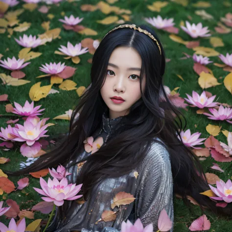 Gold backstop 32K（tmasterpiece，k hd，hyper HD，32K）Long flowing black hair，ponds，zydink， a color， Aozhou people （Concubine girl）， ...