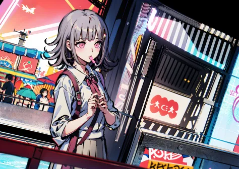 Chiaki nanami eating a lolipop, amusement park background, slightly blushing, (masterpiece, best quality)