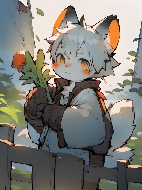 masterpiece, best quality, perfect anatomy, bright eyes, watery eyes, by milkytiger1145, furry, wolf, (felis:0.3), muscular male, solo, clothed, baggy clothing, gloves, holding vegetable, vegetable garden, fence，(by puinkey,by Artista:1.2),(by unrealplace,...