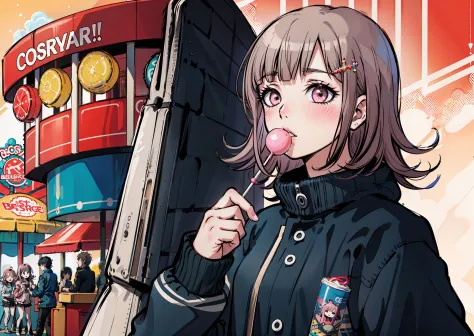 chiaki nanami eating a lolipop, amusement park background, slightly blushing, (masterpiece, best quality)