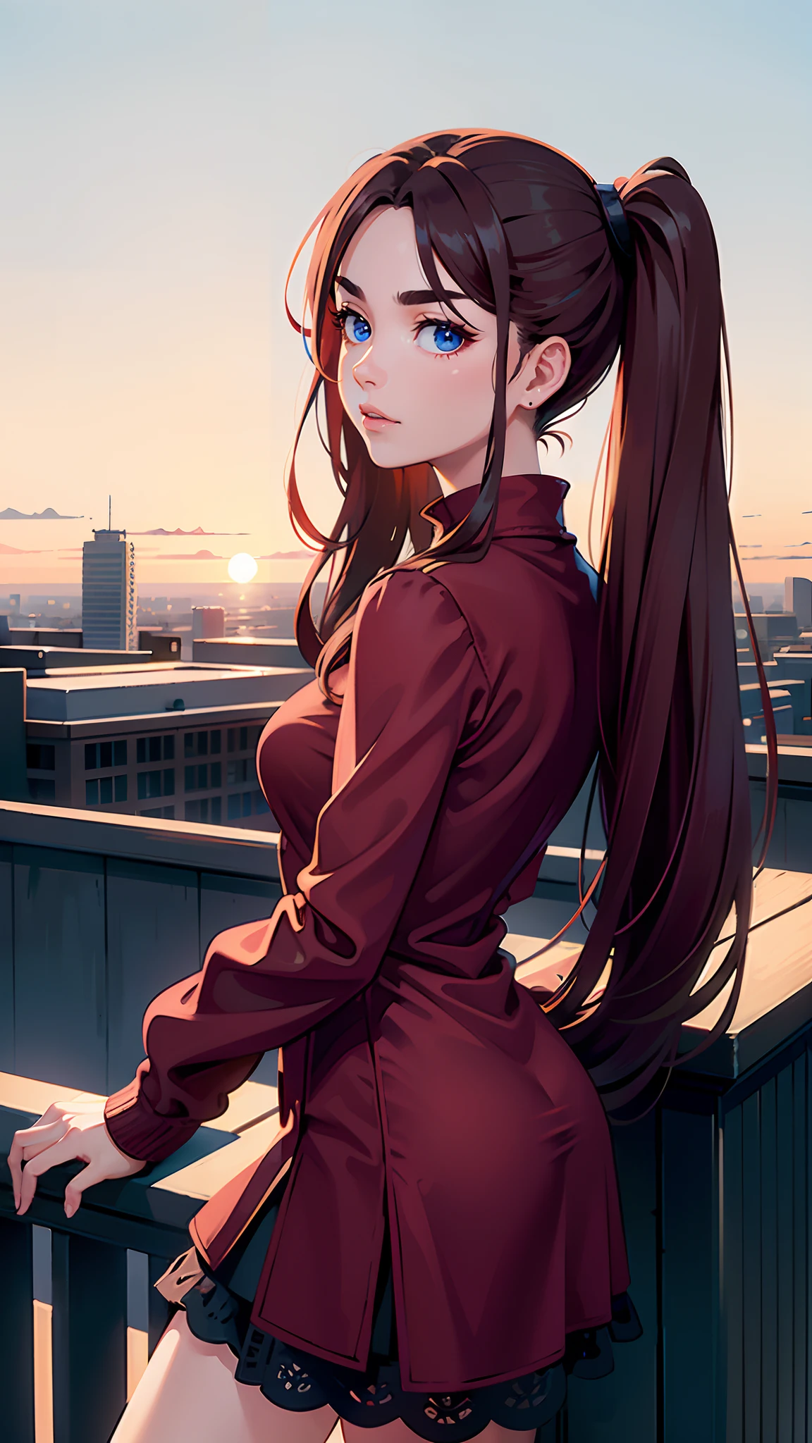 Candid Shot Picture, Volumetric Lighting, Best Shadows, Shallow Depth of Field, Portrait Of Stunningly Beautiful character ,Alluring Sharp Eyes, Sharp Eyebrows, Enjoying The Scenery, Cross On The Red Turtleneck Shirt, Long Sleeve, Red Sky At Night, Clouds, School Rooftop, Under Red Moon, Rooftop Guardrails, Villagescape, Facing Away, Side View of Leaning On Railing, (Highest Quality, Amazing Details:1.25), (Solo:1.3), Brilliant Colorful Paintings , A stunning woman , extremely long hair , reddish ￼brown hair , hair in pig tails , straight hair , baby blue eyes , large chest , wearing a tight dress, ￼age 34