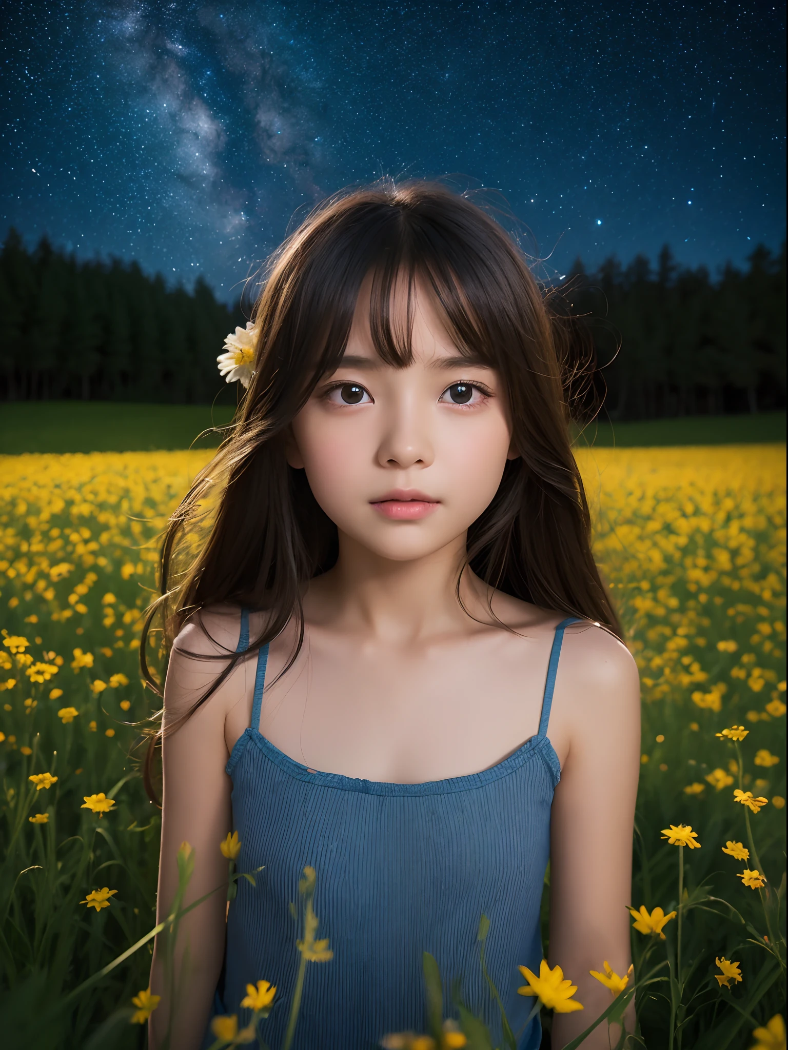 8K、12-year-old beautiful girl, length hair, starryskybackground、detailed beautiful faces、Camisole Dresses, flower  field、Night、Like a scene from a movie