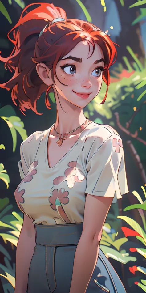 (masterpiece, best quality), 1girl, collarbone, wavy hair, looking at viewer, blurry foreground, upper body, necklace, contemporary, plain pants, ((intricate, print, pattern)), ponytail, freckles, red hair, dappled sunlight, smile, happy,big boobs,boobis,c...