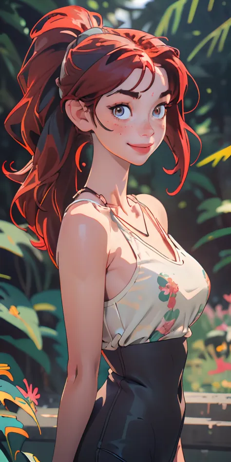 (masterpiece, best quality), 1girl, collarbone, wavy hair, looking at viewer, blurry foreground, upper body, necklace, contemporary, plain pants, ((intricate, print, pattern)), ponytail, freckles, red hair, dappled sunlight, smile, happy,big boobs,boobis,c...