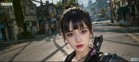 there is a woman with a gun in a street, unreal engine : : rave makeup, with very highly detailed face, makeup. unreal engine, close up character, unreal 5. rpg portrait, ultra detailed content : face, 8k highly detailed face, detailed photo of virtual wor...