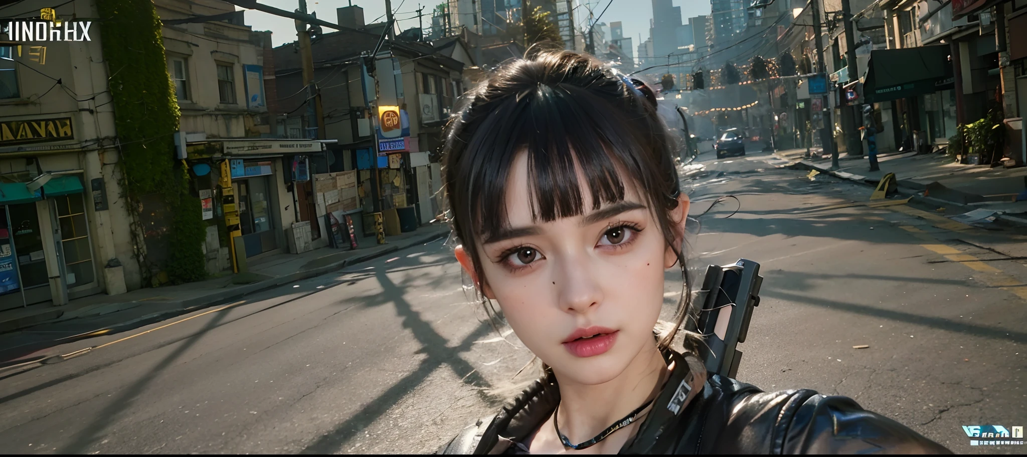 there is a woman with a gun in a street, unreal engine : : rave makeup, with very highly detailed face, makeup. unreal engine, close up character, unreal 5. rpg portrait, ultra detailed content : face, 8k highly detailed face, detailed photo of virtual world, character close up, beautiful screenshot, 8 k character details, 8k portrait render