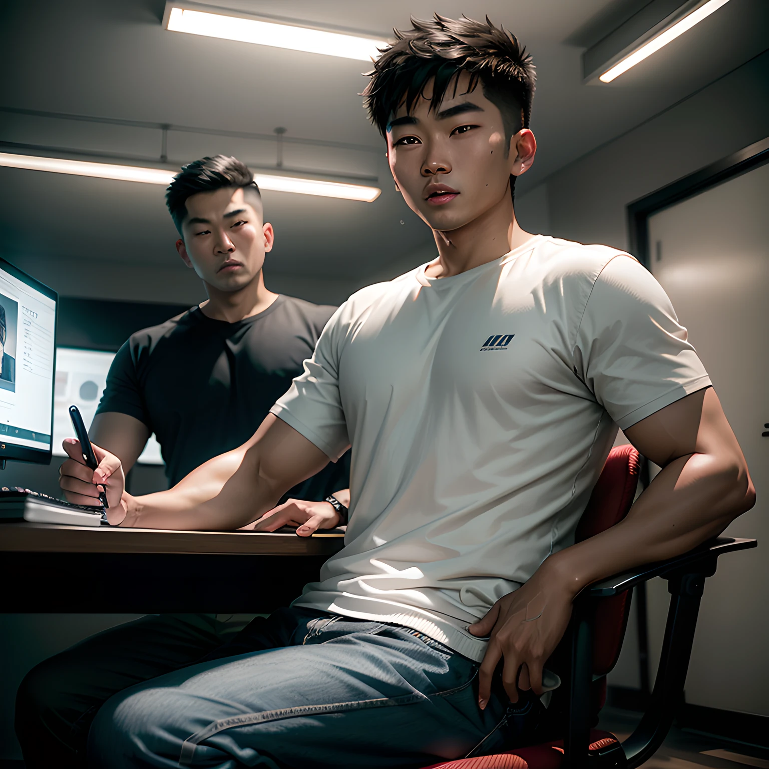 a realistic photography of an excited asian teenager wearing casual shirt sitting in front of a computer playing video games while a father of asian business man staring in the background with dissapointment, 2boys, multiple people, cinematic, realistic, HD, best quality, high resolution, 4K, close up, simple background, photo realistic, ultra details, ultra realistic, ultra detailed, cinematic lighting, highly detailed, breathtaking, photography