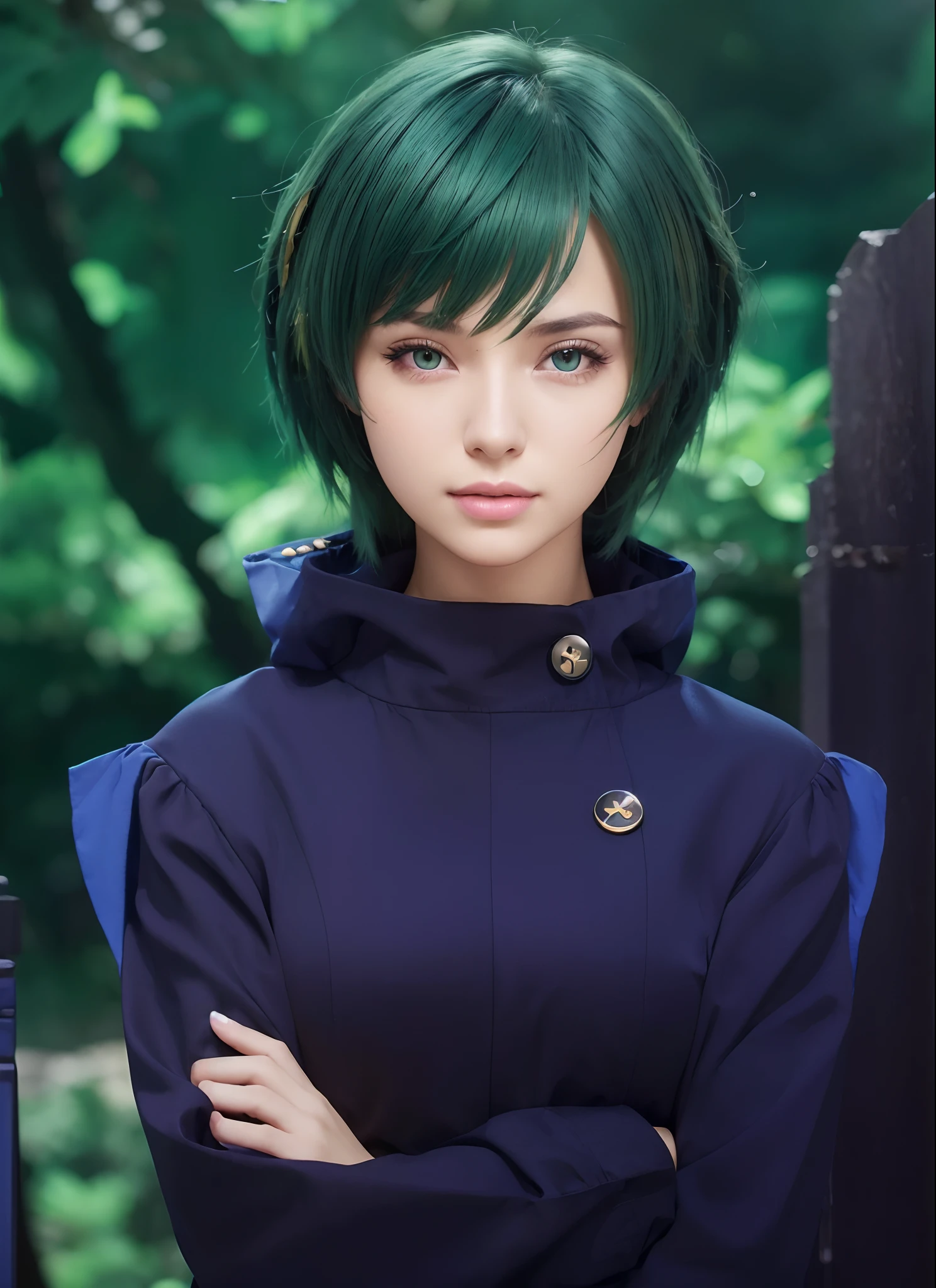 ((masterpiece)), ((best quality)), ((highres)), ((detailed background)), ((extremely detailed CG unity 8k wallpaper)),Beautiful woman, short Scramento green hair, blue and black clothes, yellow buttons