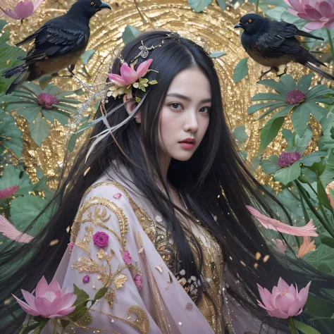 Gold backstop 32K（tmasterpiece，k hd，hyper HD，32K）Long flowing black hair，ponds，zydink， a color， Aozhou people （Concubine girl）， ...