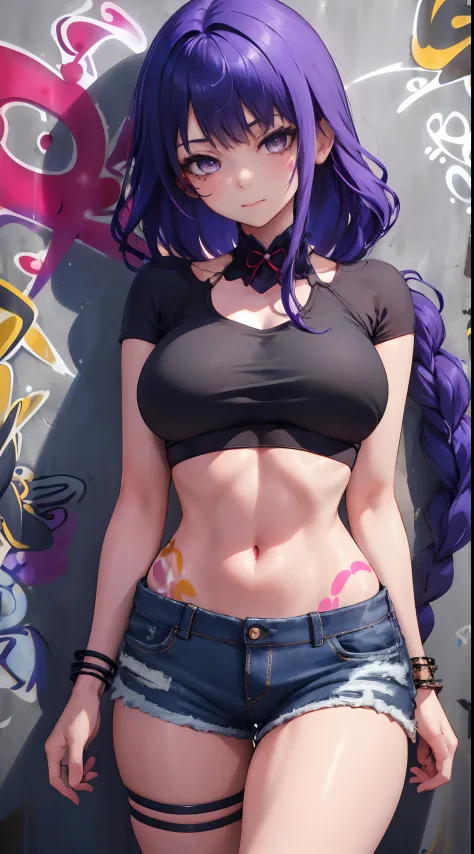 Kujou Sara Genshin Effect, masterpiece, bestquality, 1girls, bara, crop top, shorts jeans, choker, (Graffiti:1.5), color splashes, arm behind back, against wall, looking at the audience, bracelet, Thigh strap, Paint on the body....................., Head t...