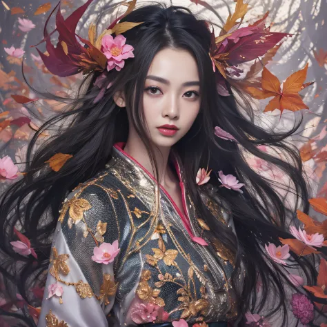 Gold backstop 32K（tmasterpiece，k hd，hyper HD，32K）Long flowing black hair，ponds，zydink， a color， Aozhou people （Concubine girl）， ...