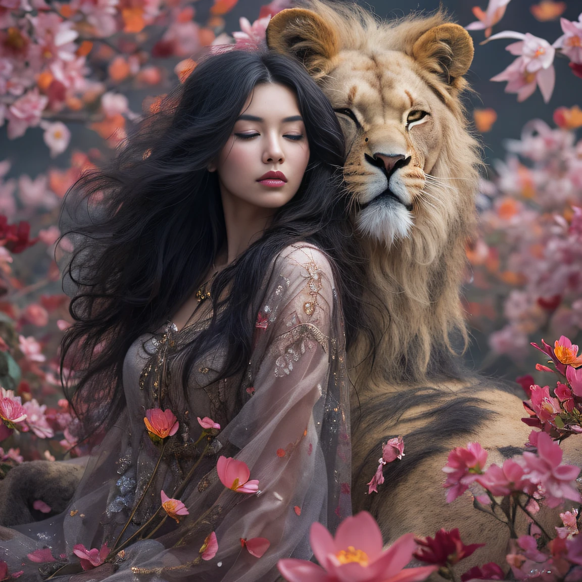 Golden Sleepy Lion 32K（tmasterpiece，k hd，hyper HD，32K）Long flowing black hair，ponds，zydink， a color，Sleepy lion （Sleepy lion）， （Purple silk scarf）， Combat posture， looking at the ground， long whitr hair， Floating hair，Lion pattern tiara， Chinese long-sleeved clothing， （Abstract propylene splash：1.2）， Pink petal background，Pink and white lotus flowers fly（realisticlying：1.4），Black color hair，Fallen leaves flutter，The background is pure， A high resolution， the detail， RAW photogr， Sharp Re， Nikon D850 Film Stock Photo by Jefferies Lee 4 Kodak Portra 400 Camera F1.6 shots, Rich colors, ultra-realistic vivid textures, Dramatic lighting, Unreal Engine Art Station Trend, cinestir 800，Long flowing black hair，Sleepy lion