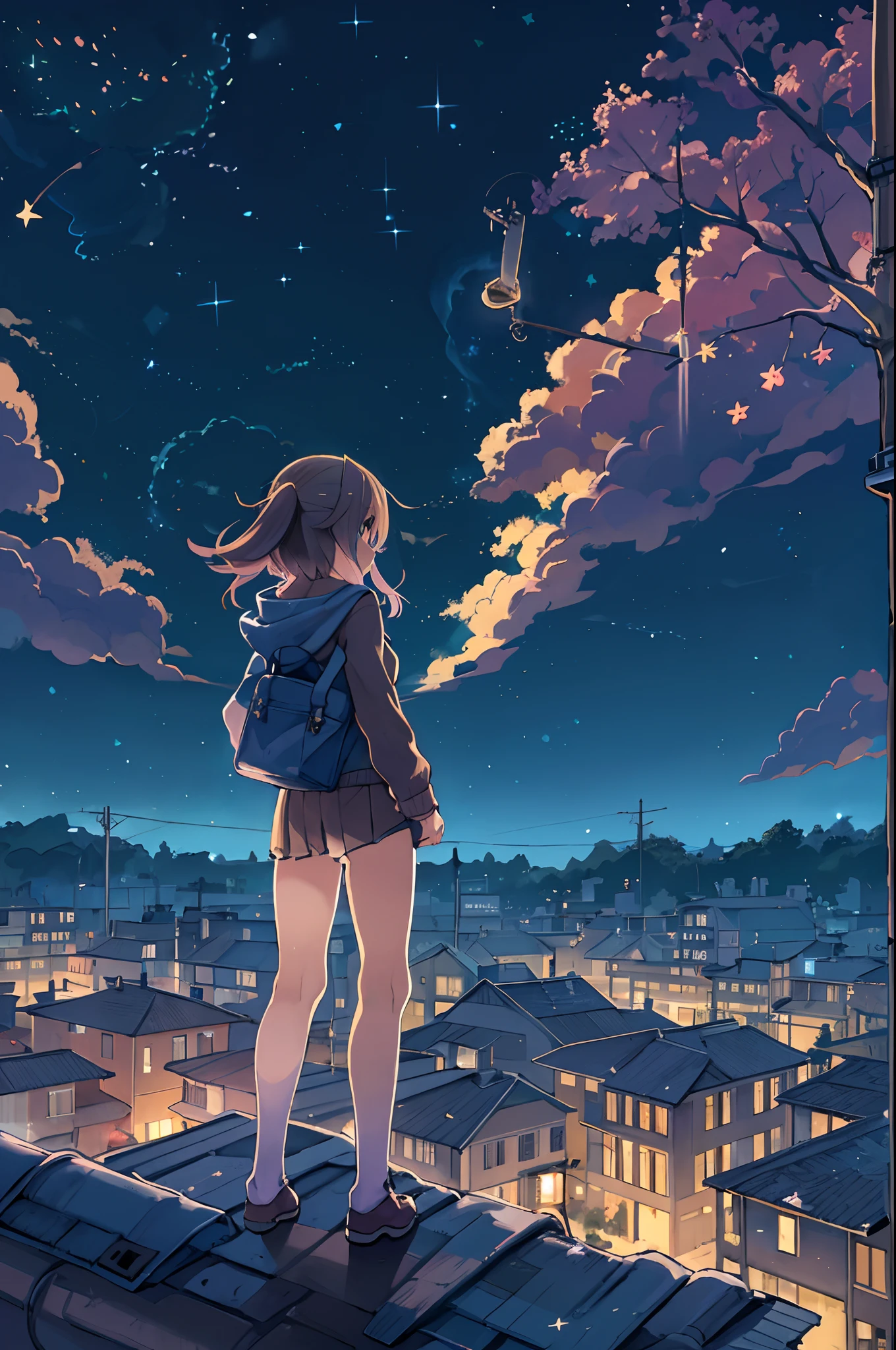 Anime girl standing on rooftop looking at stars and night sky, anime wallpaper 4k, anime wallpaper 4 k, 4k anime wallpaper, Anime art wallpaper 8k, anime art wallpaper 4k, anime art wallpaper 4k, anime style 4 k, makoto shinkai cyril rolando, 4 k manga wallpaper, anime wallpaper, amazing wallpapers, shooting stars