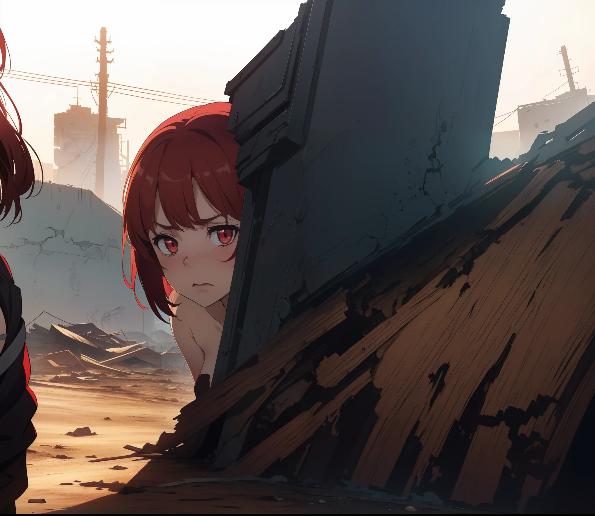 Two anime girls standing in front of a building in a desert - SeaArt AI