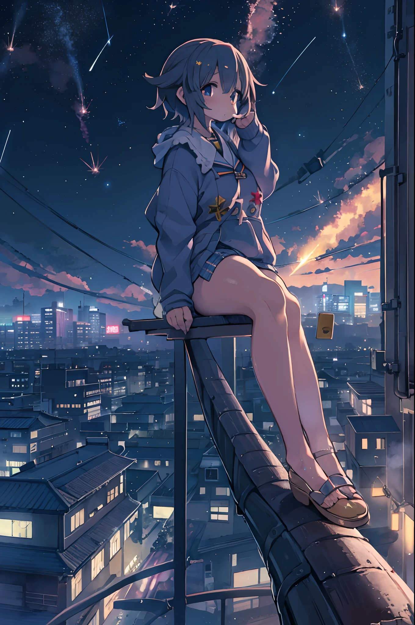 Garota de anime em pé no telhado olhando as estrelas e o céu noturno, papel de parede de anime 4k, papel de parede de anime 4 k, 4k papel de parede de anime, Papel de parede de arte anime 8K, Papel de parede de arte anime 4k, Papel de parede de arte anime 4k, estilo anime 4k, makoto shinkai cyril rolando, Papel de parede de mangá 4k, papel de parede de anime, papéis de parede incríveis, estrelas cadentes、BBW,Coxa Grande、peito enorme