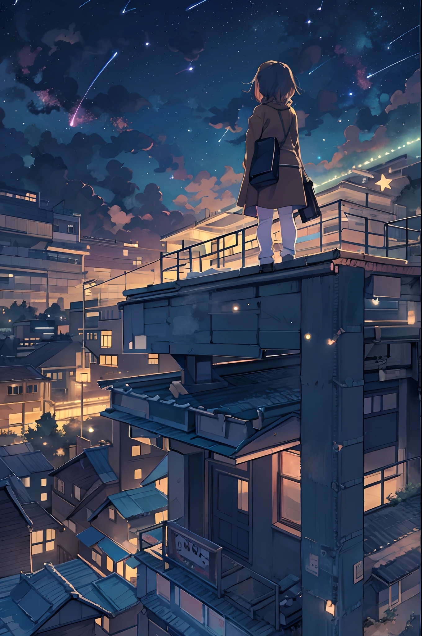 Anime girl standing on rooftop looking at stars and night sky, anime wallpaper 4k, anime wallpaper 4 k, 4k anime wallpaper, Anime art wallpaper 8k, anime art wallpaper 4k, anime art wallpaper 4k, anime style 4 k, makoto shinkai cyril rolando, 4 k manga wallpaper, anime wallpaper, amazing wallpapers, shooting stars、bbw,Large Thigh、huge-breasted