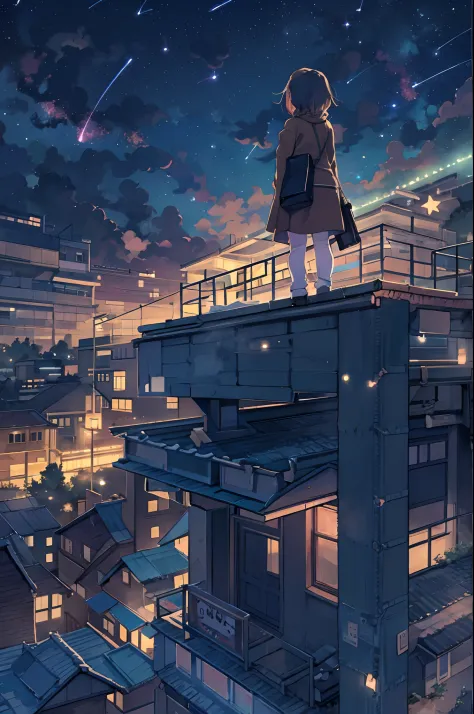 Anime girl standing on rooftop looking at stars and night sky, anime wallpaper 4k, anime wallpaper 4 k, 4k anime wallpaper, Anim...