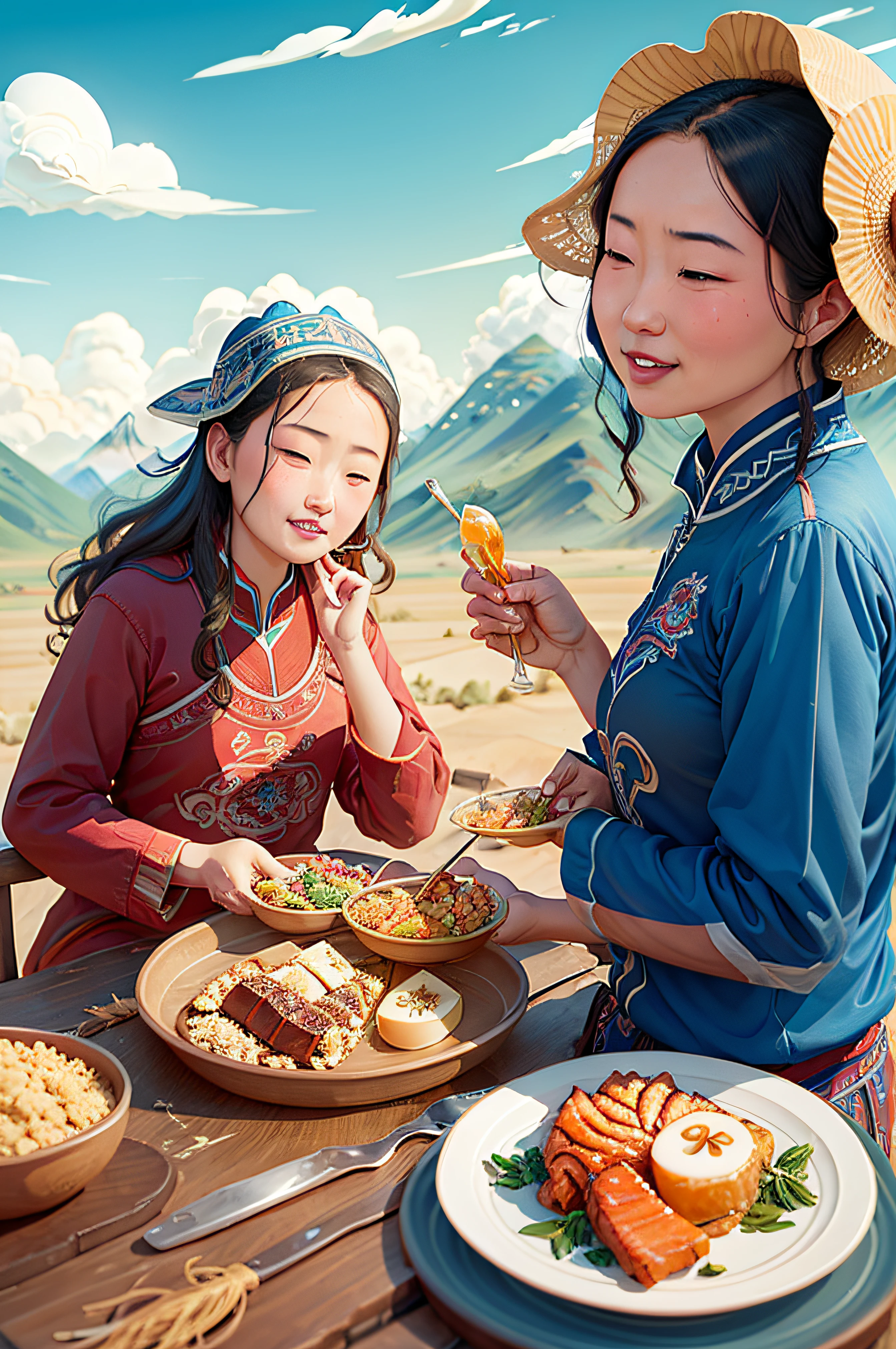蒙古女孩在草原上开心地吃饭，旁边是一群羊，蓝天白云