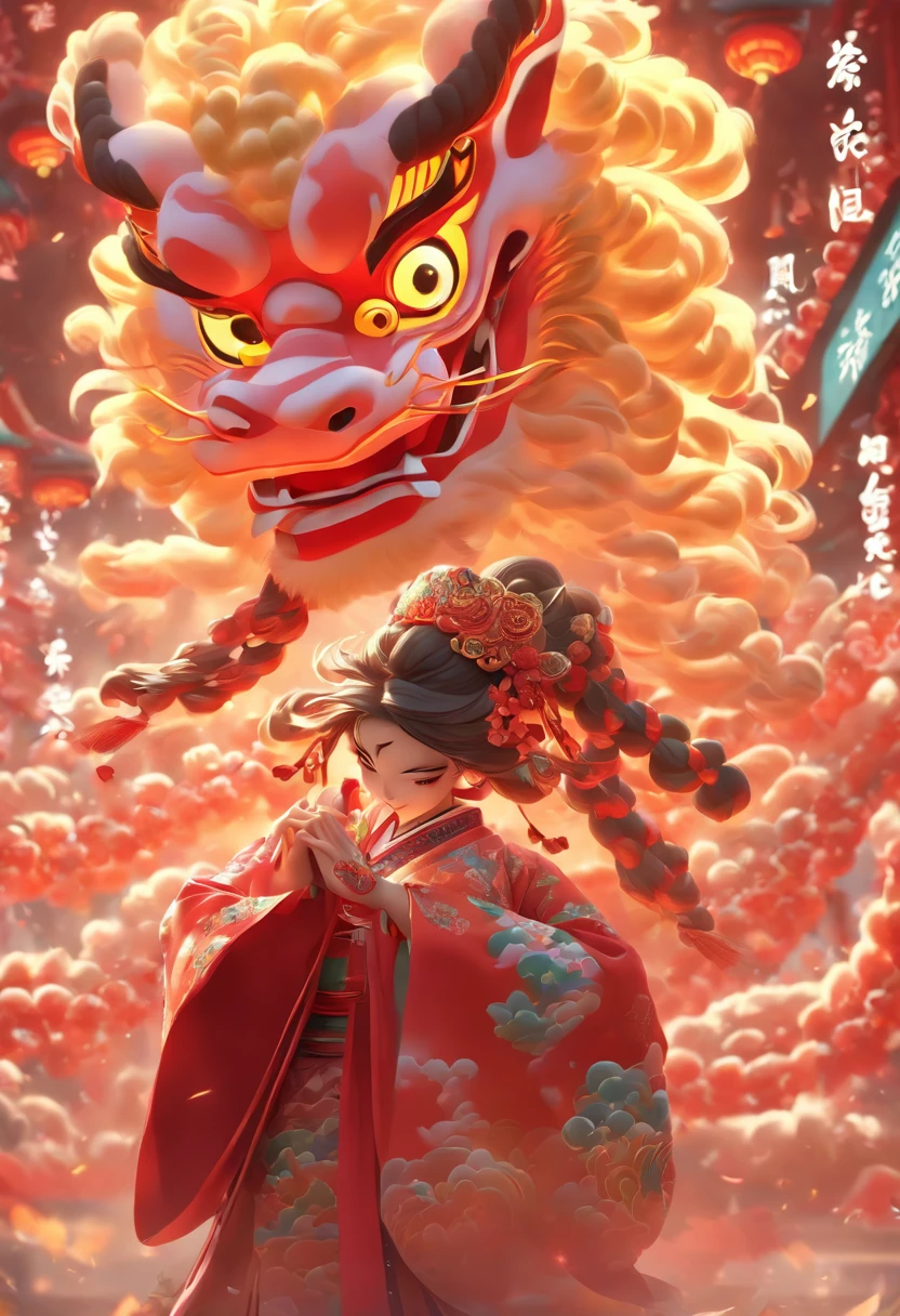 China-style，Guangzhou lion dance girl，samurai clothing，highly detailed surreal vfx，Smudge，super-fine，ultra - detailed，high qulity，8K ，oc rendered，full body pov