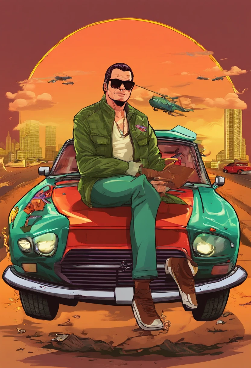 A man sitting on top of a car with a gun in his hand - SeaArt AI