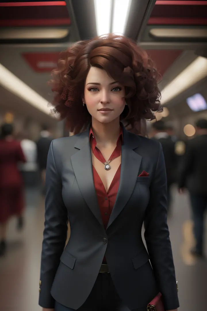 hay una mujer con traje y camisa roja parada en un metro, renderizado retrato 8k, chica con traje, chica de traje, cinematic rea...