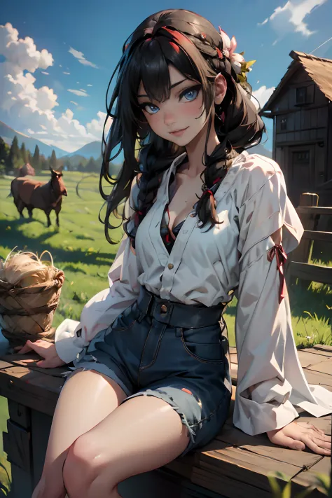 🧝🏼‍♀️,cute girl sitting on a bale of hay, long hair, blonde hair, red patchy plaid shirt, cleavage, small breasts, standing, against hay bale, blue jean shorts, cowboy boots, smiling, blue eyes, hay bale, standing, farm scenery, day time, realistic:1.2, ou...