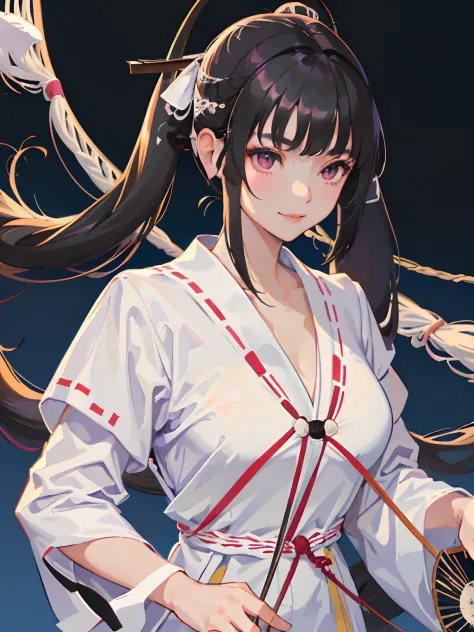((masterpiece, best quality)), (1girl),(mature), (solo), (female focus), (hime hair, black hair, long hair, twintail, straight bangs),pink eyes, ((kyudo)), elegant, smile, portraits, close up, upper body, spring city background