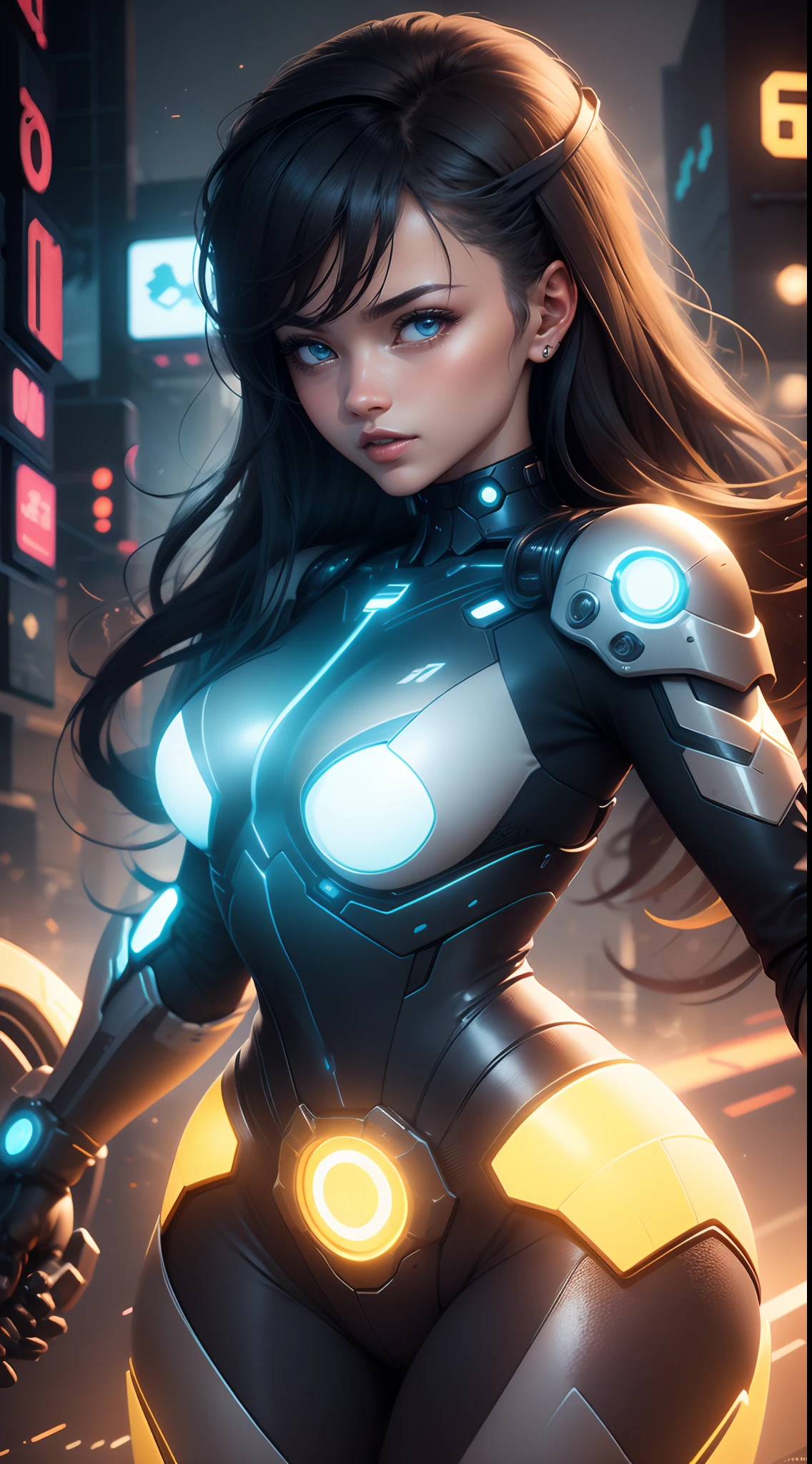 In a futuristic city, a girl a human arm and her second mecha arm and both mecha legs stand. The chrome metal glistening in the neon lights. His eyes are sharp and detailed, depicting a sense of determination. His face is adorned with intricate circuit patterns, adding to his robotic charm. Slightly separated, her lips hold an enigmatic smile. The exterior of the girl exudes strength and power, with elegant curves and perfectly designed body proportions.

Her outfit is a fusion of technology and fashion, with a tight body that accentuates her agile movements. The suit is adorned with glowing LED strips, highlighting its robotic nature. She stands in a dynamic posture, a hand extended forward, as if to trigger a powerful explosion of her high-tech forearm guns.

The scene takes place against a backdrop of futuristic skyscrapers, dominating the cityscape. The buildings are bathed in vibrant shades of blue and purple, creating a supernatural atmosphere. The streets below are animated by flying cars and bustling crowds, indicating the cutting-edge technology and bustling city life.

The lighting of the scene is dramatic, projecting long shadows and accentuating the features of the girl. Neon signs on billboards and road signs create a colourful and dynamic atmosphere. The glow of the city reflects the polished surface of the mecha girl, highlighting the high level of detail and realism.

This invite aims to generate a high quality, detailed and photorealistic image of a mecha girl in a futuristic city. The focus is on capturing the elegance of the mecha girl’s design, the vibrant atmosphere of the city and the play of light and shadows. The resulting image should be a masterpiece of digital art, with ultra-fine details and bright colors, giving life to this futuristic world.