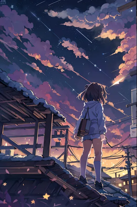 Anime girl standing on rooftop looking at stars and night sky, anime wallpaper 4k, anime wallpaper 4 k, 4k anime wallpaper, Anim...