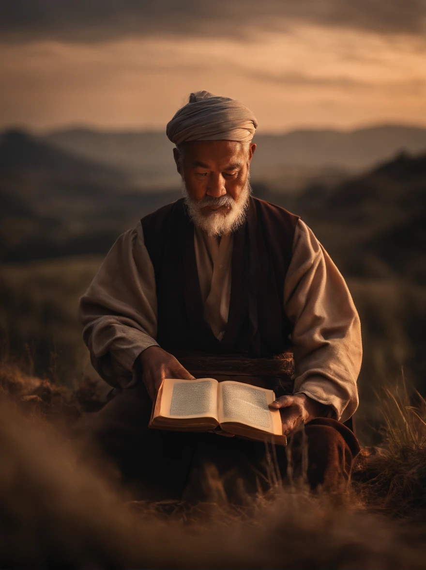 (Biblical times) On the left of the picture is an old man，Asian people，Holding a glowing book in his hand, To the right of the image is a terrifying demon (Biblical times) depth of fields, Bokeh, hentail realism, Fotorrealista, ultra-realistic realism, professional photoshooting, 8K  UHD , Digital SLR, hdr , Primary tablet, best qualityer, Granular film, photorealistic paintings, Fujifilm XT3