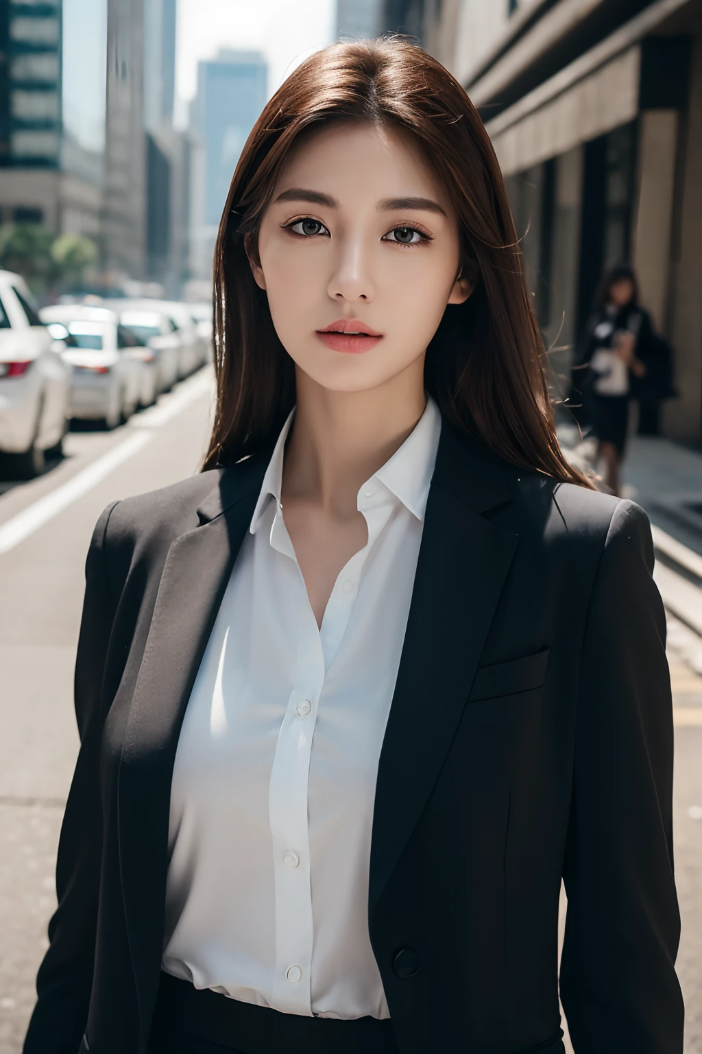 ((Realistic lighting, Best quality, 8K, Masterpiece: 1.3)), Clear focus: 1.2, 1girl, Perfect body beauty: 1.4, Slim abs: 1.1, ((dark brown hair)), White shirt, (Black suit), (Outdoor), business district
, Super fine face, Fine eyes, Double eyelids,