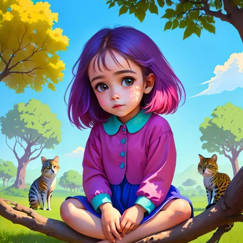 colourful backgrounds with a cute big eyes little girl sitting under a fruitful tree and lots of animals around her, realistic