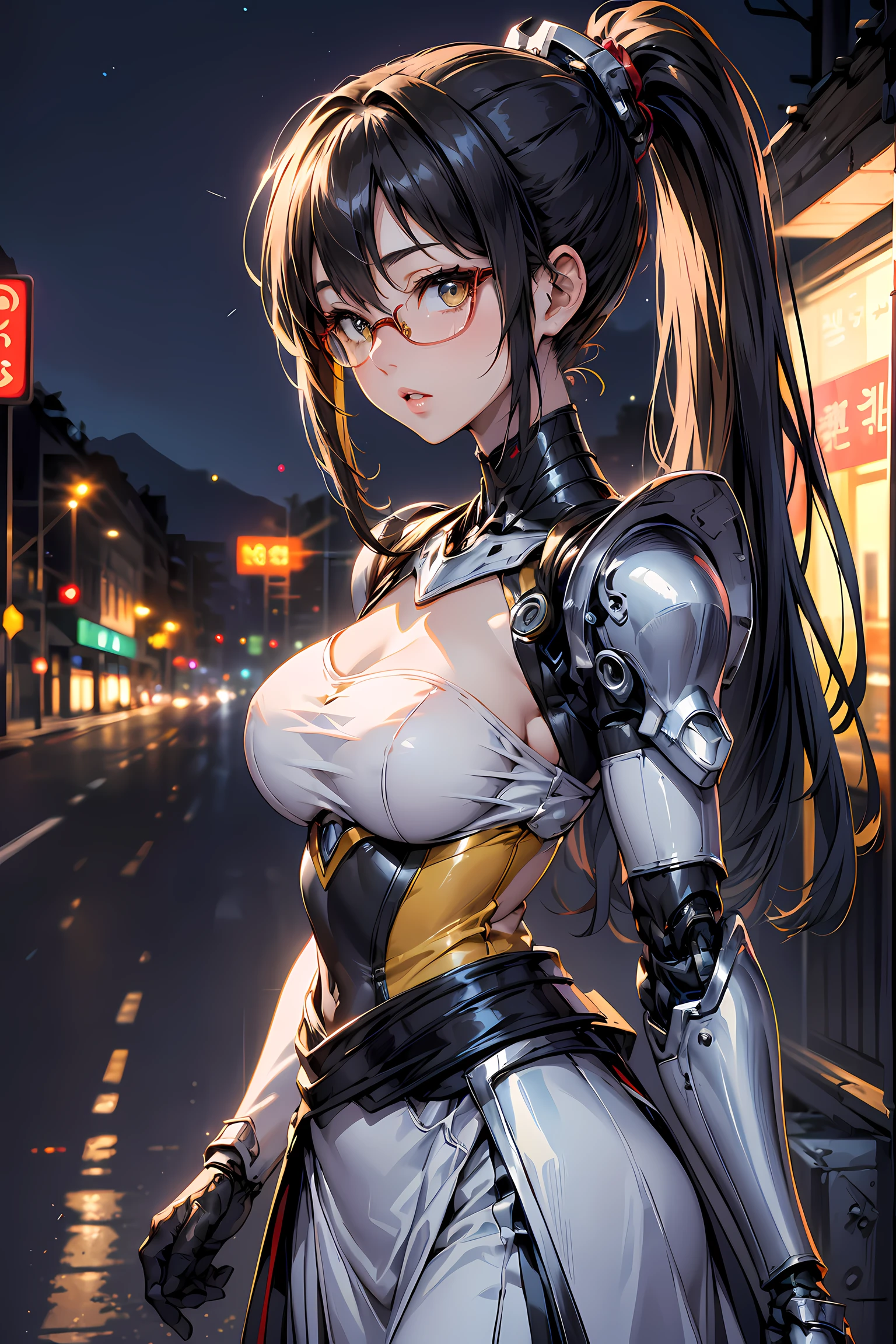 (1mecha girl:1.3, solo), (Audrey Hepburn:1.3), (a extremely pretty and beautiful Japanese woman), (sexy girl), (professional attire:1.3), (22 years old: 1.1), (walking on red carpet:1.3), (attractive random posing:1.3), (in the night royal party:1.3), (looking straight at you:1.3), (starring at you:1.3), (front view:1.3), (from side:1.3), break, (ponytail:1.3), (shiny-black thin hair:1.2), bangs, dark brown eyes, beautiful eyes, princess eyes, (big eyes:1.3), bangs, wearing a glasses:1.3, Hair between eyes, short hair:1.3, (slender:1.1), (small-medium-breasts:0.95), (thin waist: 1.15), (detailed beautiful girl: 1.4), Parted lips, Red lips, full-make-up face, (shiny skin), ((Perfect Female Body)), (upper body image:1.3), Perfect Anatomy, Perfect Proportions, (most beautiful Korean actress face:1.3, extremely cute and beautiful Japanese actress face:1.3), BREAK, (View viewer, wearing a lovely bitch cordinate, (insanely detailed yellow camisole dress:1.3), (white cyborg armor:1.3), (pin-heels:1.3), detailed clothes, BREAK, (detailed royal night party background:1.2), (dark background), (Studio soft lighting: 1.3), (fake lights: 1.3), (backlight: 1.3), BREAK, (Realistic, Photorealistic: 1.37), (Masterpiece, Best Quality: 1.2), (Ultra High Resolution: 1.2), (RAW Photo: 1.2), (Sharp Focus: 1.3), (Face Focus: 1.2), (Ultra Detailed CG Unified 8k Wallpaper: 1.2), (Beautiful Skin: 1.2), (pale Skin: 1.3), (Hyper Sharp Focus: 1.5), (Ultra Sharp Focus: 1.5), (Beautiful pretty face: 1.3), (super detailed background, detail background: 1.3), Ultra Realistic Photo, Hyper Sharp Image, Hyper Detail Image,