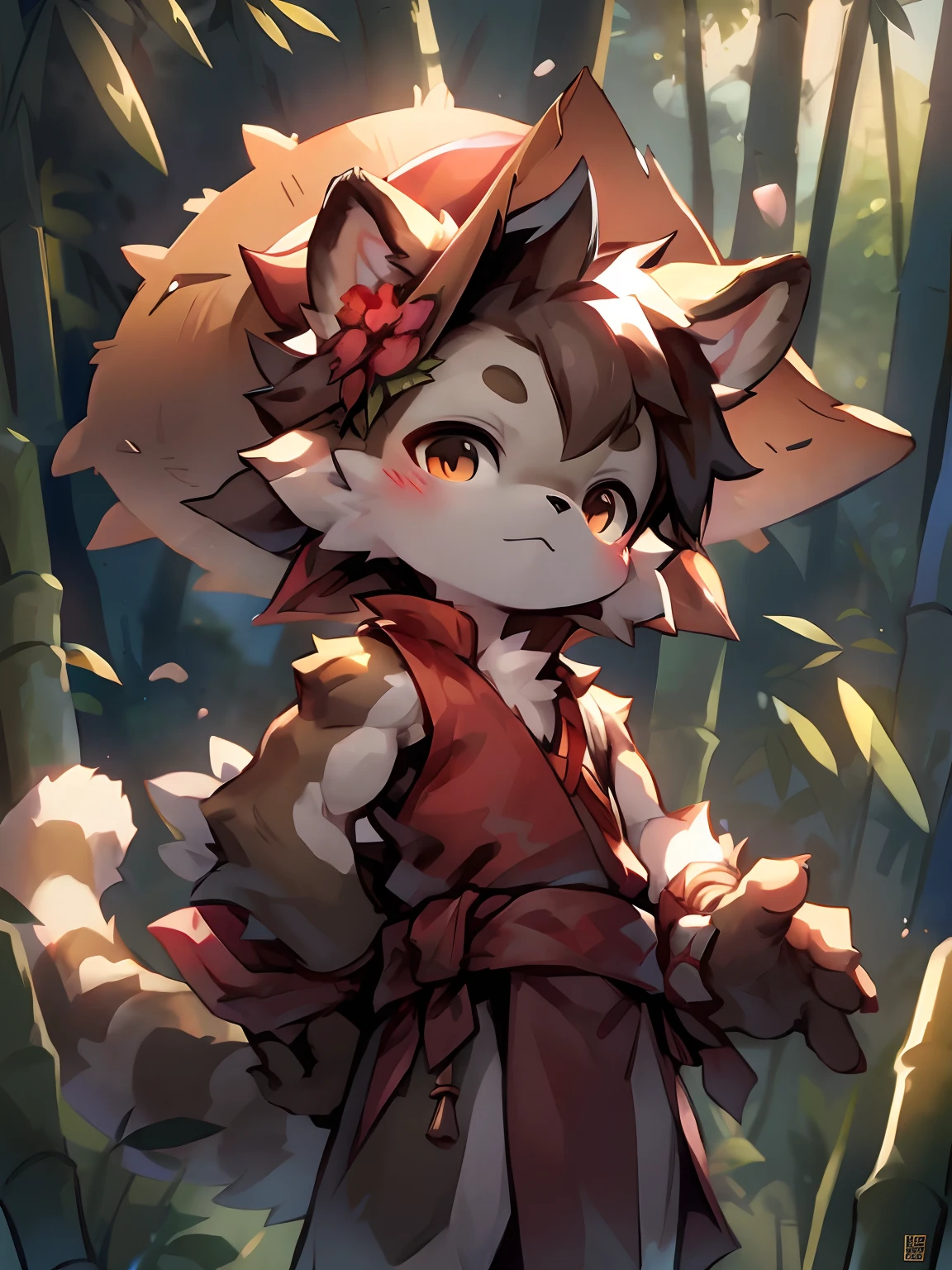 High saturation, Masterpiece, Best quality, Extremely detailed, Depth of field, komono, Male, anthro, Solo, (brown:1.2) furry wolf, Muscular, Red cloth around the waist, Half-length portrait, Bamboo forest, (Bamboo) Rain cap, (spiky:1.3) Hat, (Conical:1.2) Hat, Ancient Asian sleeveless clothing, (Loose:1.2) clothes, Black and red sleeveless clothing, Daylight, posing on a，(author：Puinki,By Artists:1.2),(author：Unreal Land,author：Sumi Kuroi,author：Milk Tiger 1145,author：Morkey,author：Emolga 1